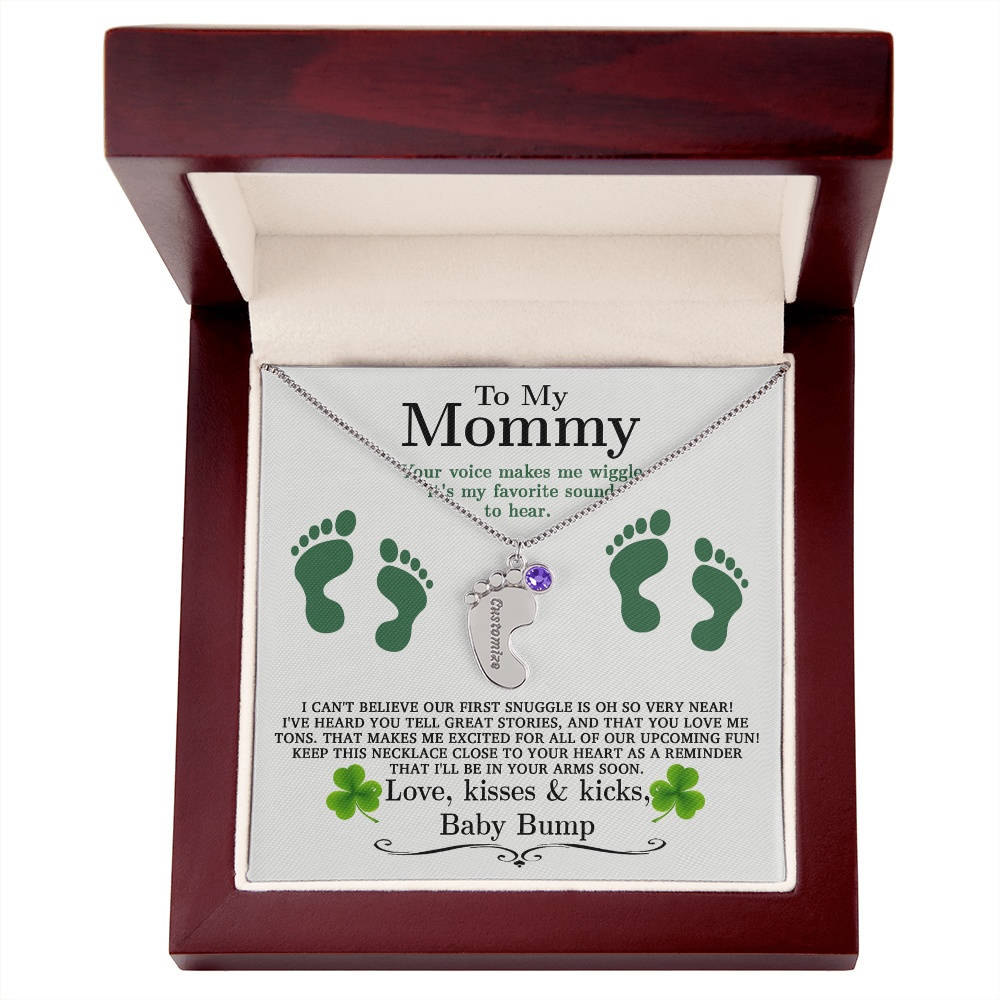 To My Mommy from Baby Bump - Personalized Baby Feet Necklace – Custom Name & Birthstone Pendant St. Patrick's Day Gift - Mallard Moon Gift Shop
