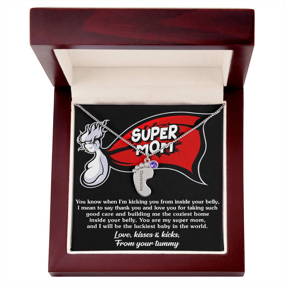 Supermom Love, Kisses and Kicks From Your Tummy Engraved Name Baby Feet Pendant Necklace with Birthstone - Mallard Moon Gift Shop