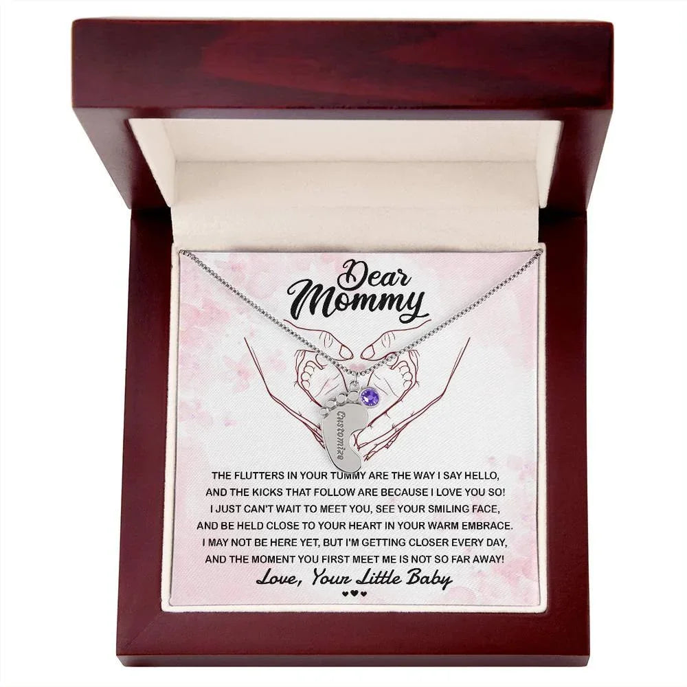 Dear Mommy I Can't Wait to Meet You Pregnancy Gift Engraved Name Baby Feet Pendant Necklace with Birthstone