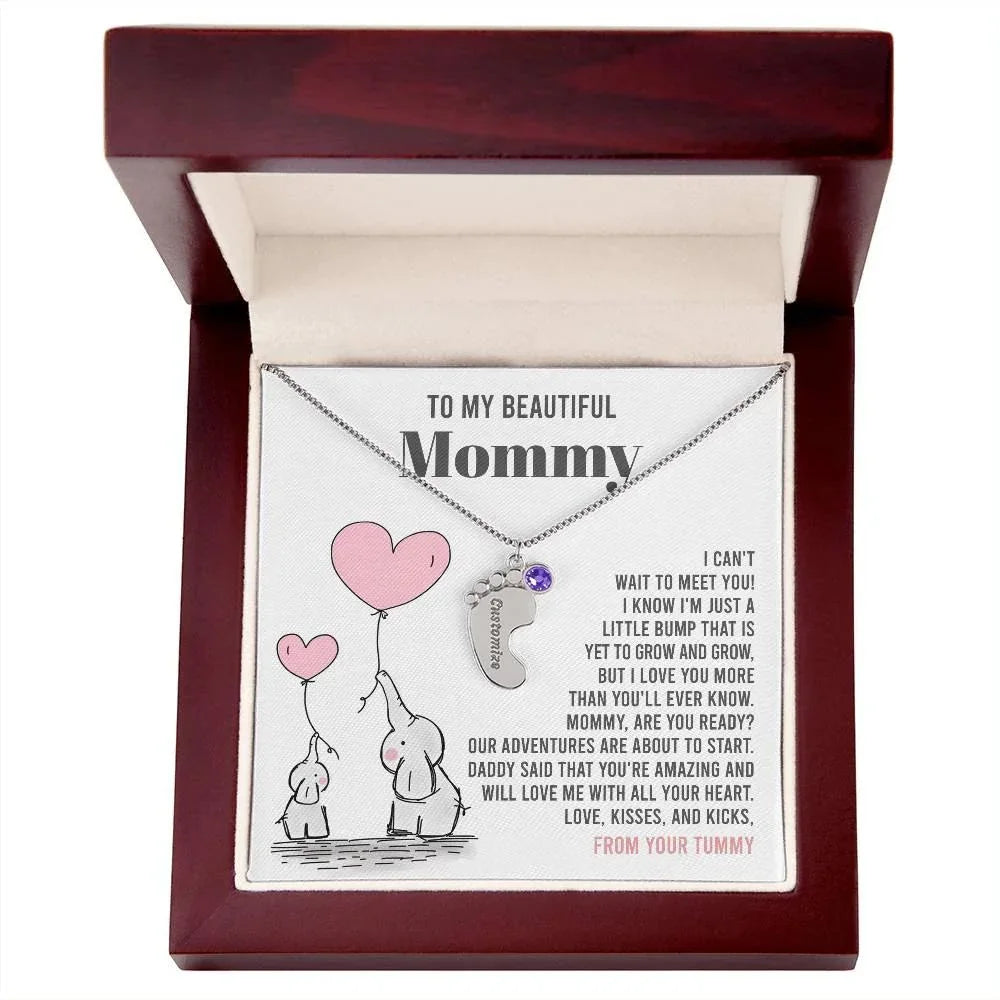 Pregnancy Gift for New Mom From the Bump Engraved Name Baby Feet Pendant Necklace with Birthstone
