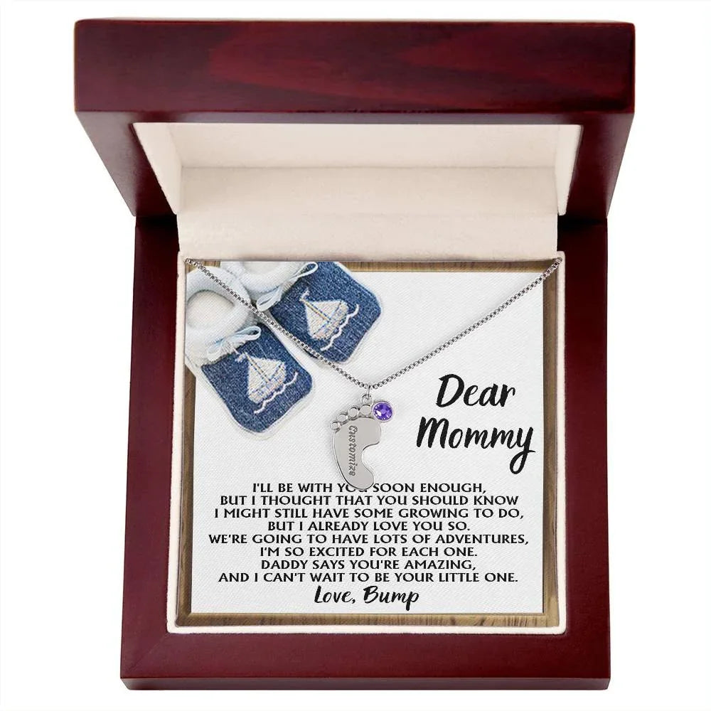 Dear Mommy I Already Love You Pregnancy Engraved Name Baby Feet Charm Necklace with Birthstone Gift for New Mom