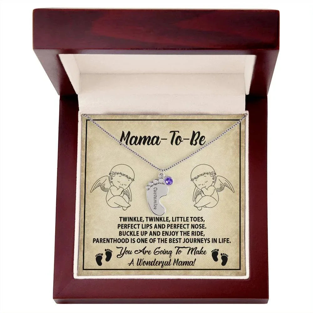 Gift for Mama-to-be Adorable Engraved Name Baby Feet Necklace with Birthstone