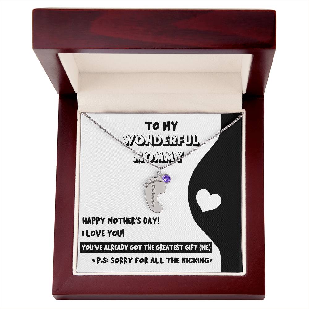 Gift for New Mom - Sorry for All the Kicking Baby Feet Engraved Name Charm Necklace with Birthstone - Mallard Moon Gift Shop