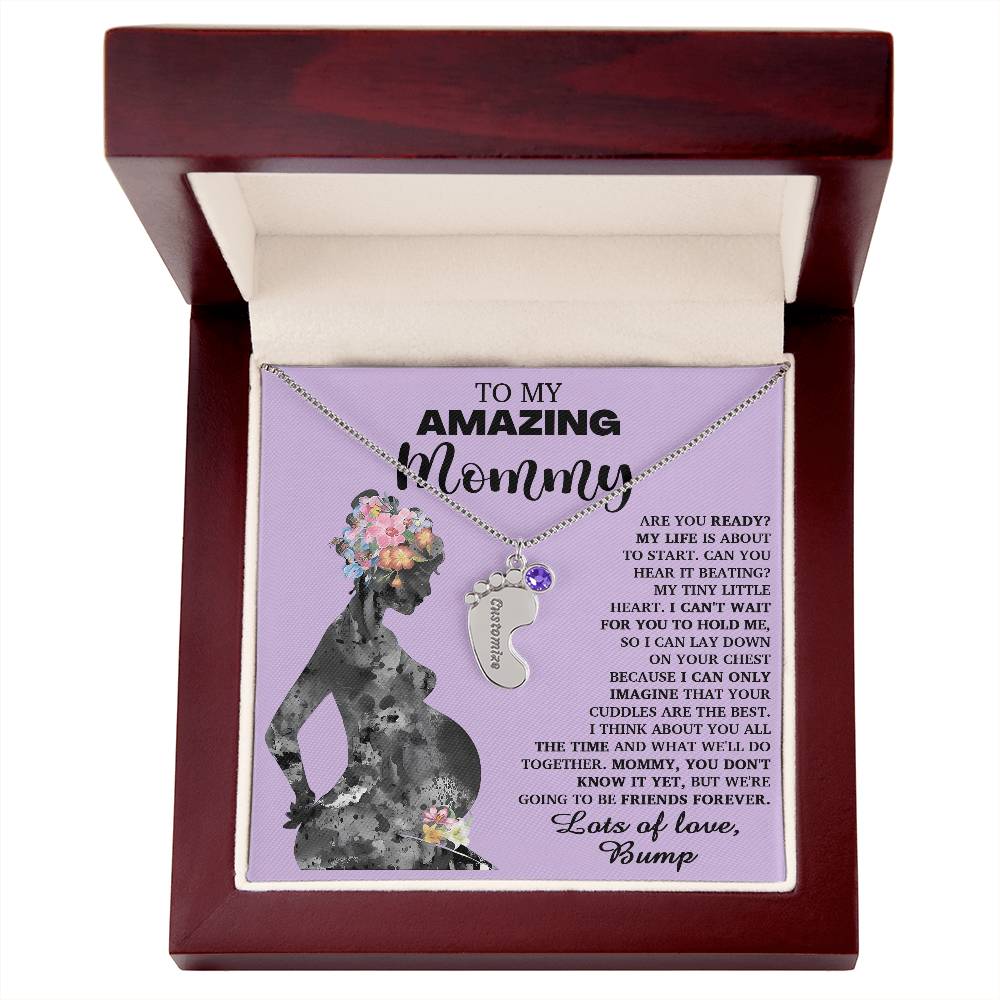 To My Amazing Mommy Lots of Love from the Bump Pregnancy Gift Engraved Name Baby Feet Charm Necklace with Birthstone - Mallard Moon Gift Shop