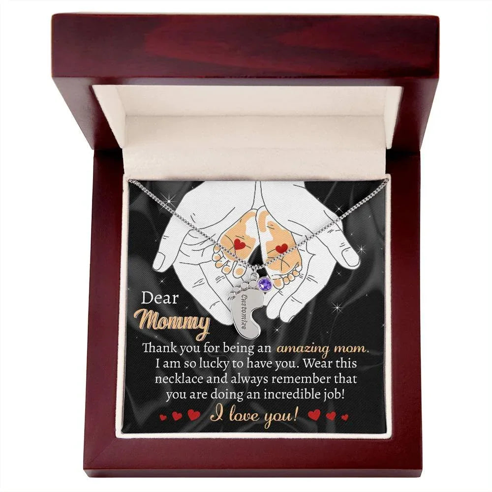 Pregnant Mother Gift You are doing an Incredible Job Engraved Name Baby Feet Necklace with Birthstone