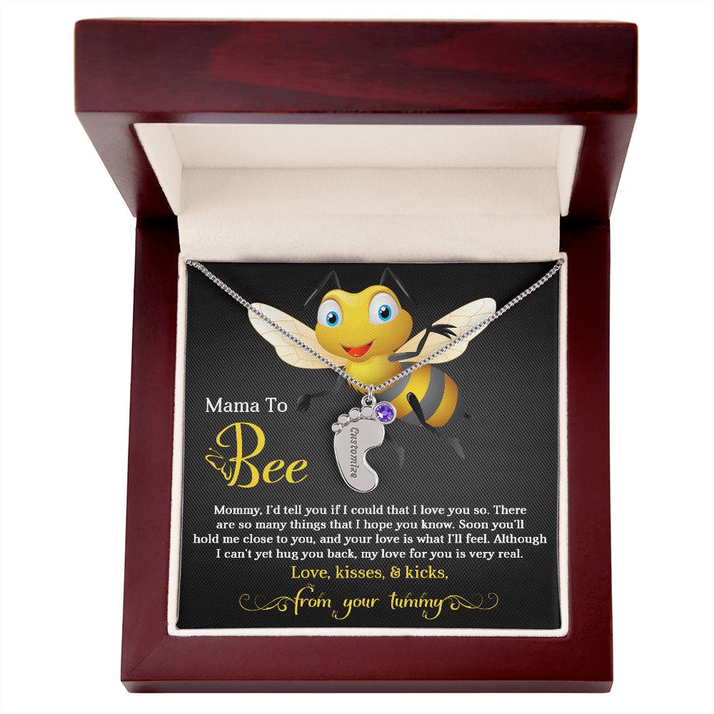 Mama To Bee Love, Kisses and Kicks from your Tummy Engraved Name Baby Feet Charm Necklace with Birthstone - Mallard Moon Gift Shop
