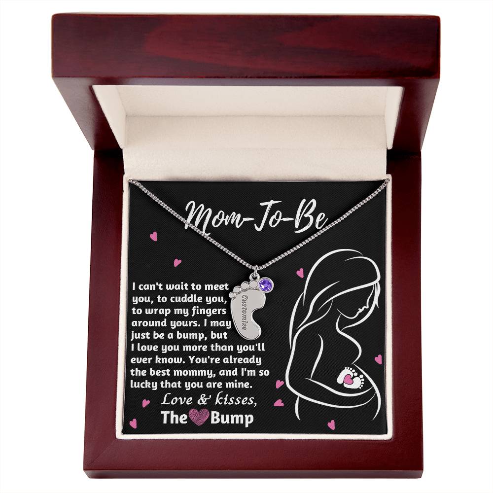 Mom-To-Be Love and Kisses From the Bump Engraved Name Baby Feet Pendant Necklace with Birthstone - Mallard Moon Gift Shop