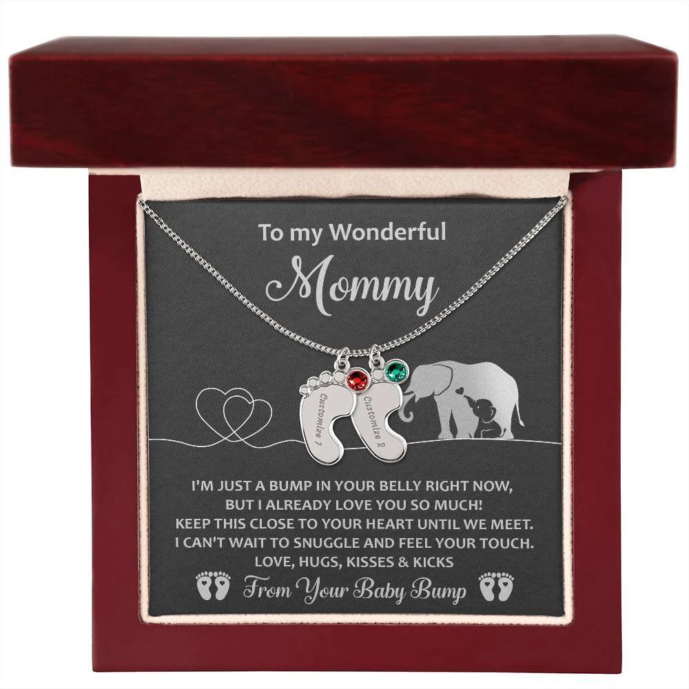 To My Wonderful Mommy I May be Just a Bump But I Love You So Much Engraved Name Baby Feet Necklace with Birthstone