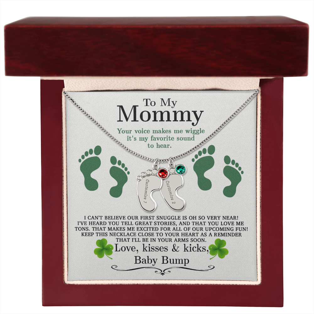 To My Mommy from Baby Bump - Personalized Baby Feet Necklace – Custom Name & Birthstone Pendant St. Patrick's Day Gift - Mallard Moon Gift Shop