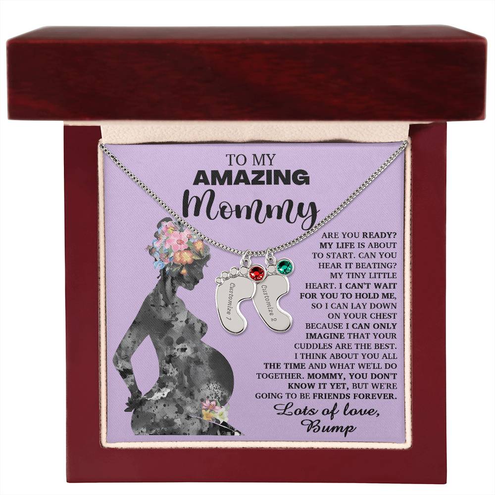 To My Amazing Mommy Lots of Love from the Bump Pregnancy Gift Engraved Name Baby Feet Charm Necklace with Birthstone - Mallard Moon Gift Shop