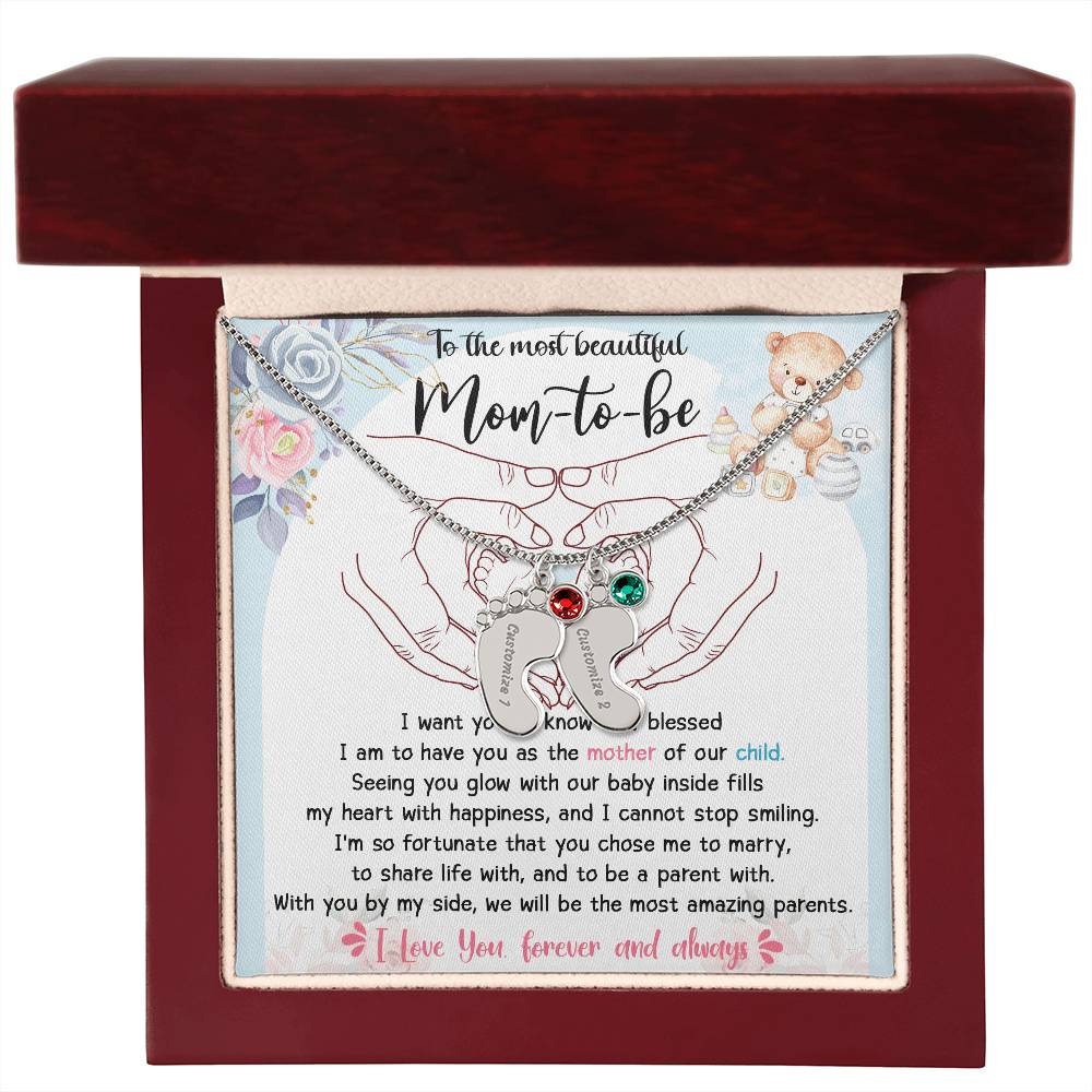 Mom-to-be Gift from Husband Engraved Name Baby Feet Charm Necklace with Birthstone - Mallard Moon Gift Shop