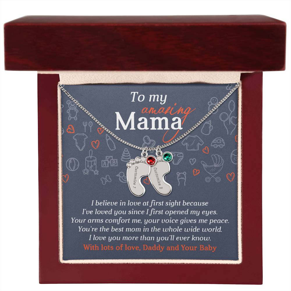 To My Amazing Mama I Believe in Love at First Sight Engraved Name Baby Feet Pendant Necklace with Birthstone - Mallard Moon Gift Shop