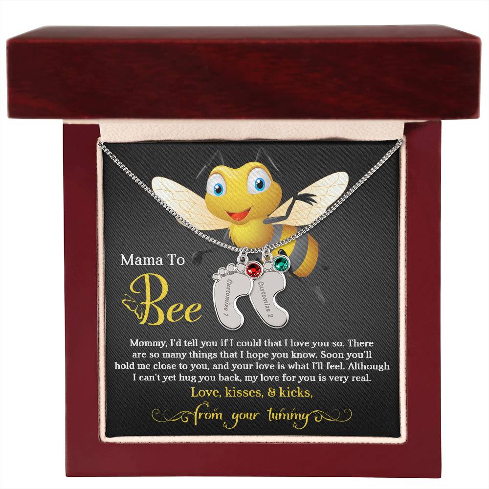 Mama To Bee Love, Kisses and Kicks from your Tummy Engraved Name Baby Feet Charm Necklace with Birthstone - Mallard Moon Gift Shop