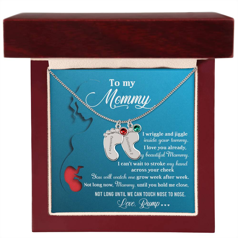 New Mom Gift Not Long Now Until You Can Hold Me Close Baby Feet Engraved Name Charm Necklace with Birthstone - Mallard Moon Gift Shop