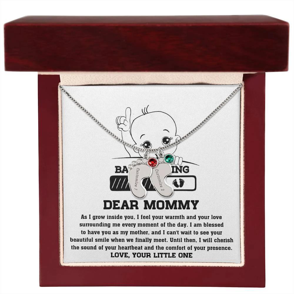 Dear Mommy Your Little One Can't Wait to See your Smile Engraved Name Baby Feet Pendant Necklace with Birthstone