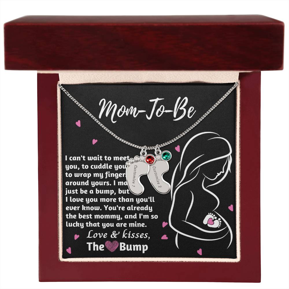 Mom-To-Be Love and Kisses From the Bump Engraved Name Baby Feet Pendant Necklace with Birthstone - Mallard Moon Gift Shop