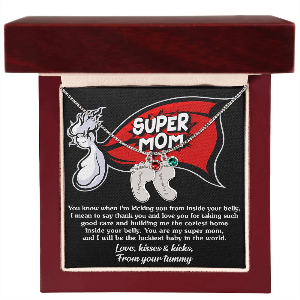 Supermom Love, Kisses and Kicks From Your Tummy Engraved Name Baby Feet Pendant Necklace with Birthstone - Mallard Moon Gift Shop