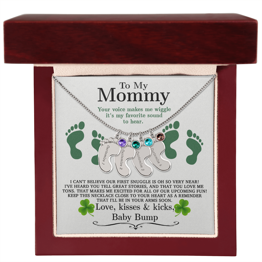 To My Mommy from Baby Bump - Personalized Baby Feet Necklace – Custom Name & Birthstone Pendant St. Patrick's Day Gift - Mallard Moon Gift Shop