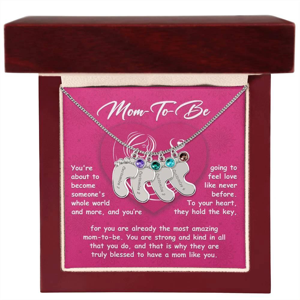 Gift for Mom-to-be Engraved Name Baby Feet Pendant Necklace with Birthstone