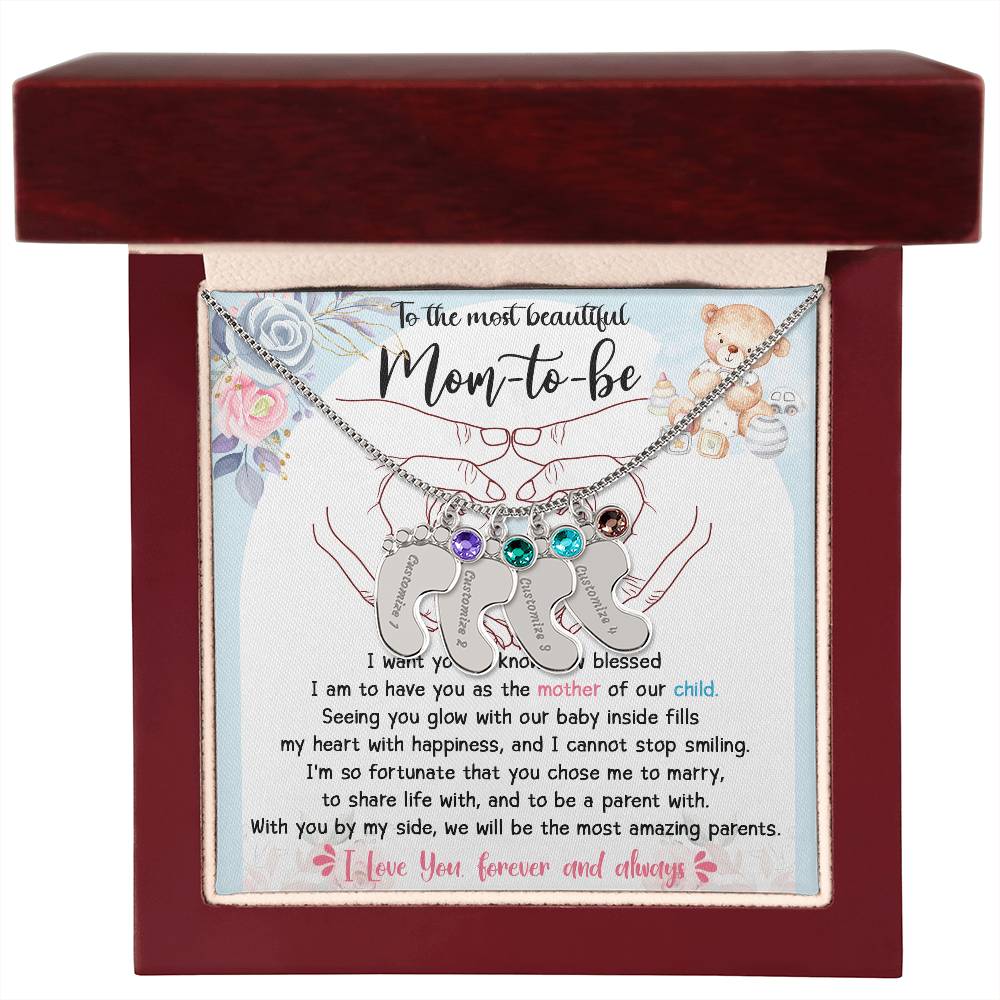 Mom-to-be Gift from Husband Engraved Name Baby Feet Charm Necklace with Birthstone - Mallard Moon Gift Shop