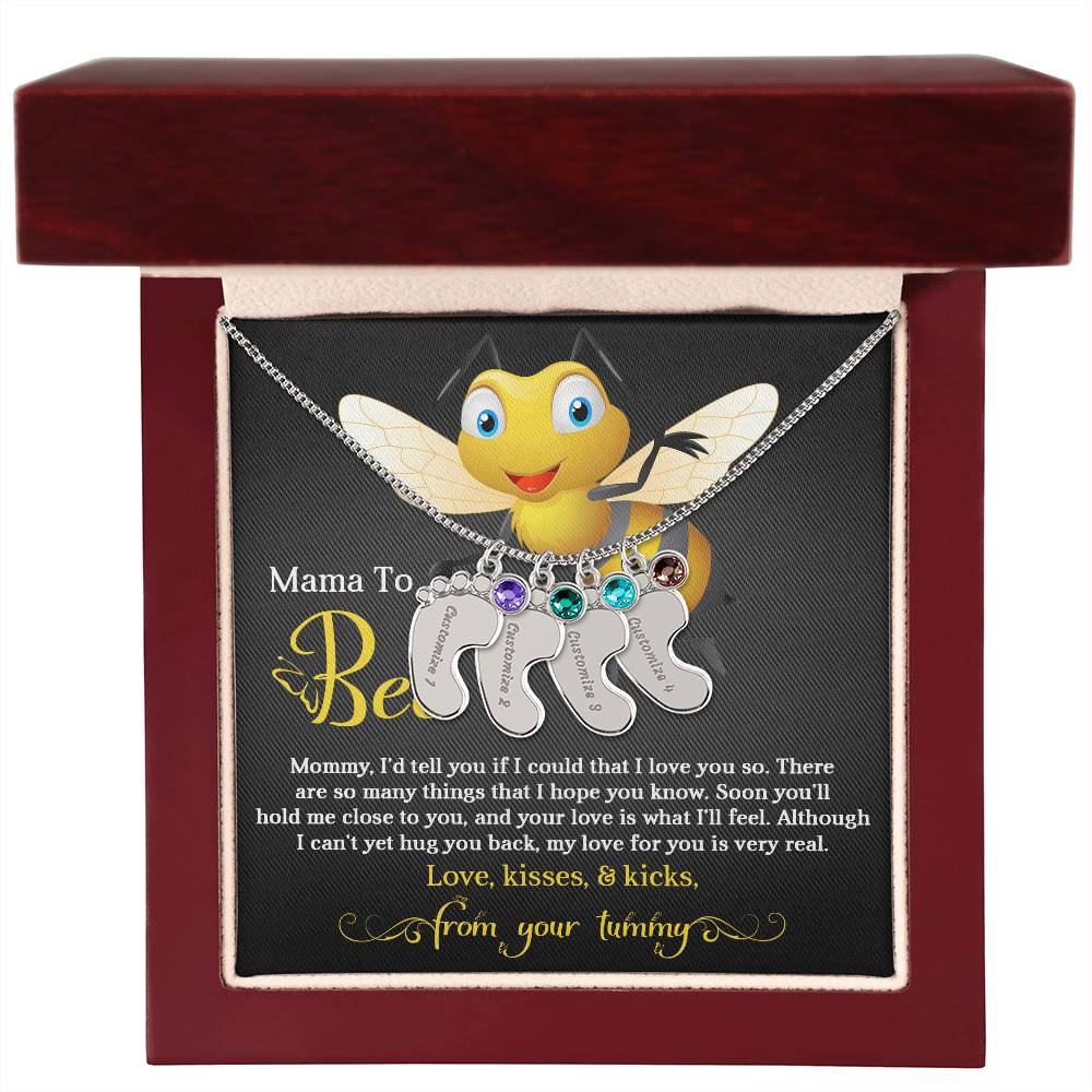 Mama To Bee Love, Kisses and Kicks from your Tummy Engraved Name Baby Feet Charm Necklace with Birthstone - Mallard Moon Gift Shop