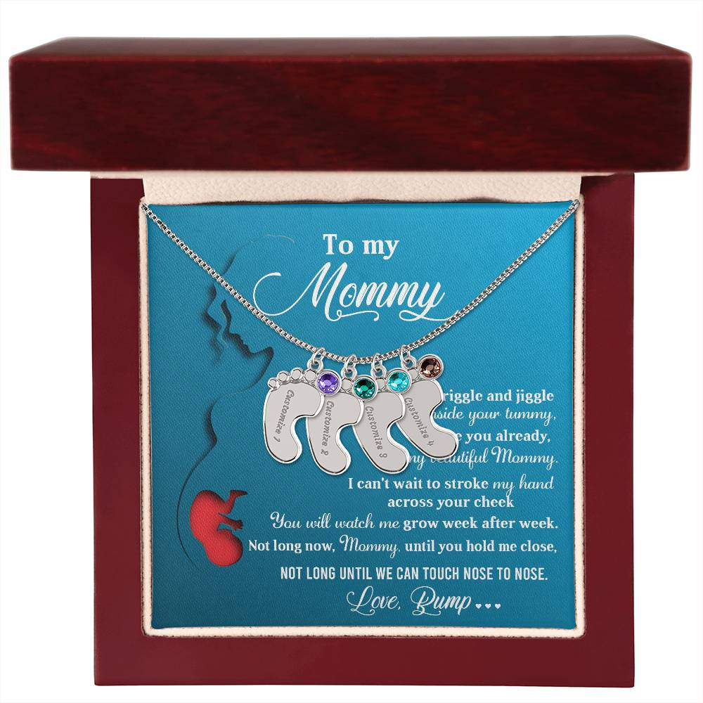 New Mom Gift Not Long Now Until You Can Hold Me Close Baby Feet Engraved Name Charm Necklace with Birthstone - Mallard Moon Gift Shop