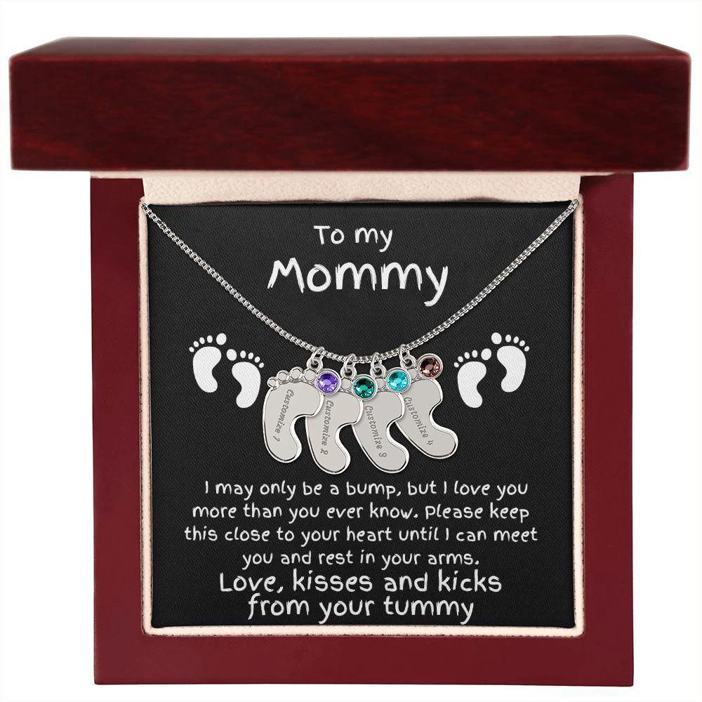 Expectant Mom Gift from the Bump Engraved Baby Feet Birthstone Charm Necklace