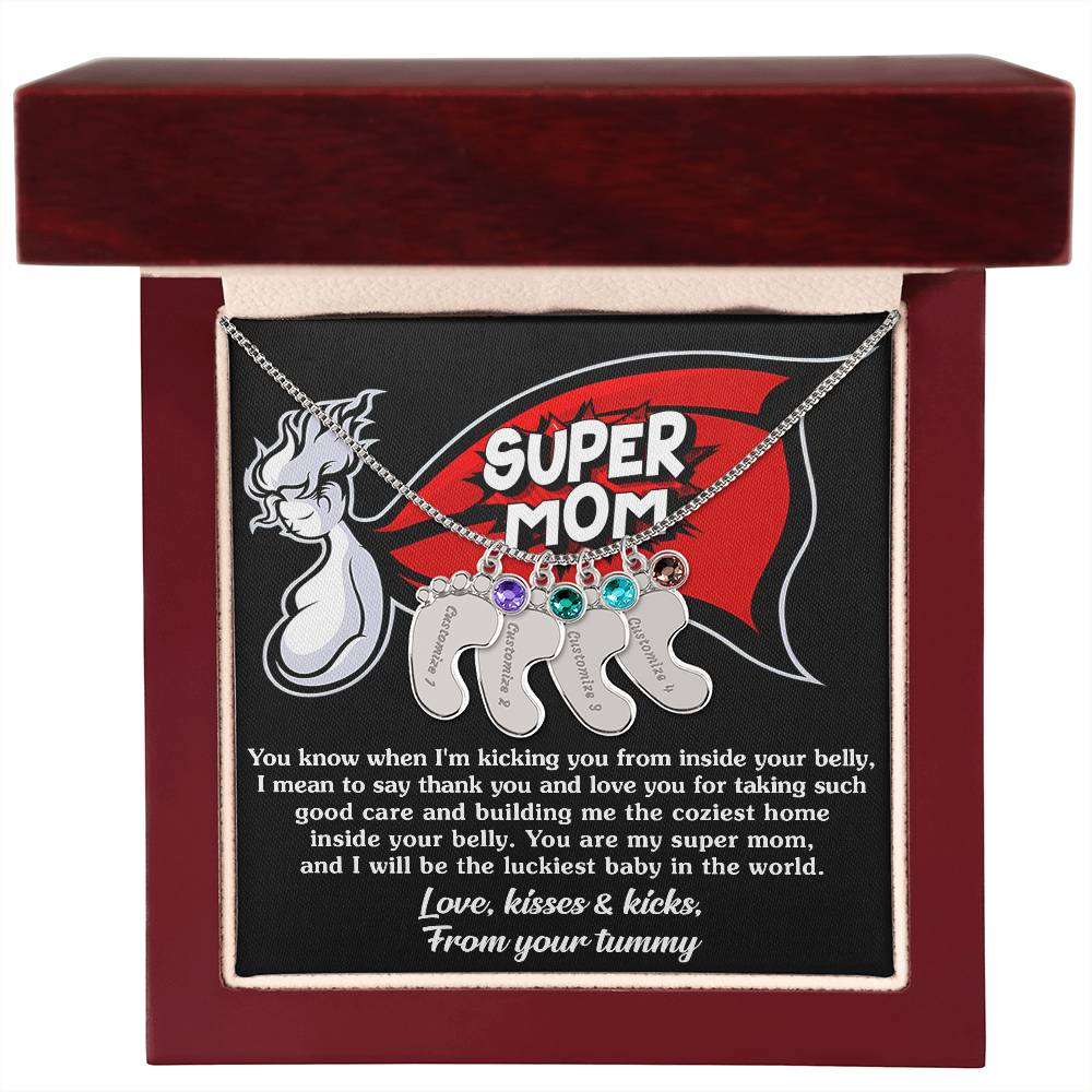 Supermom Love, Kisses and Kicks From Your Tummy Engraved Name Baby Feet Pendant Necklace with Birthstone - Mallard Moon Gift Shop