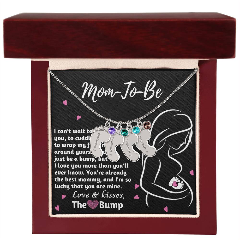 Mom-To-Be Love and Kisses From the Bump Engraved Name Baby Feet Pendant Necklace with Birthstone - Mallard Moon Gift Shop