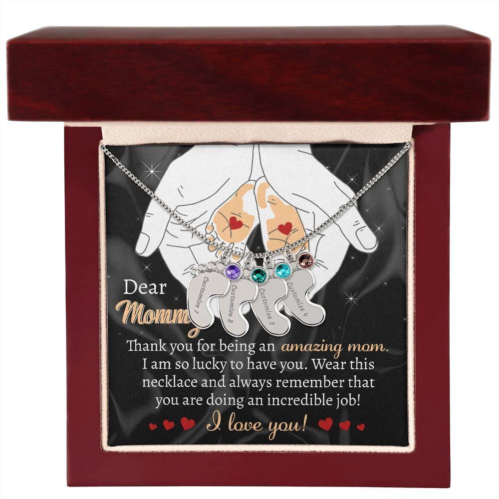 Pregnant Mother Gift You are doing an Incredible Job Engraved Name Baby Feet Necklace with Birthstone