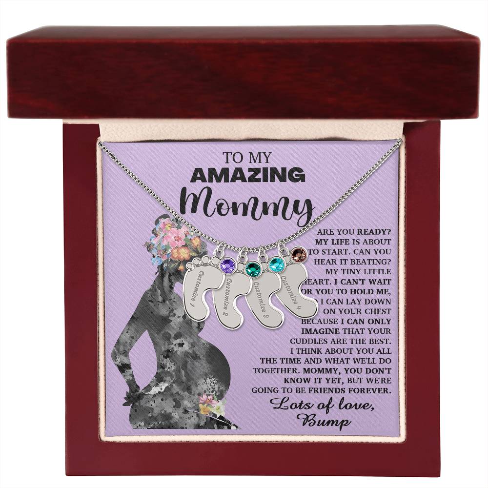 To My Amazing Mommy Lots of Love from the Bump Pregnancy Gift Engraved Name Baby Feet Charm Necklace with Birthstone - Mallard Moon Gift Shop