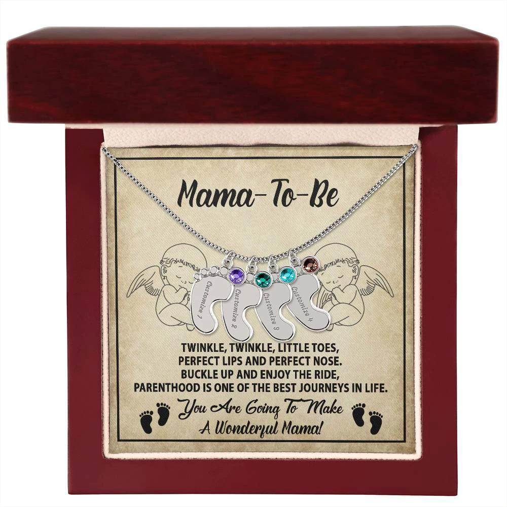 Gift for Mama-to-be Adorable Engraved Name Baby Feet Necklace with Birthstone