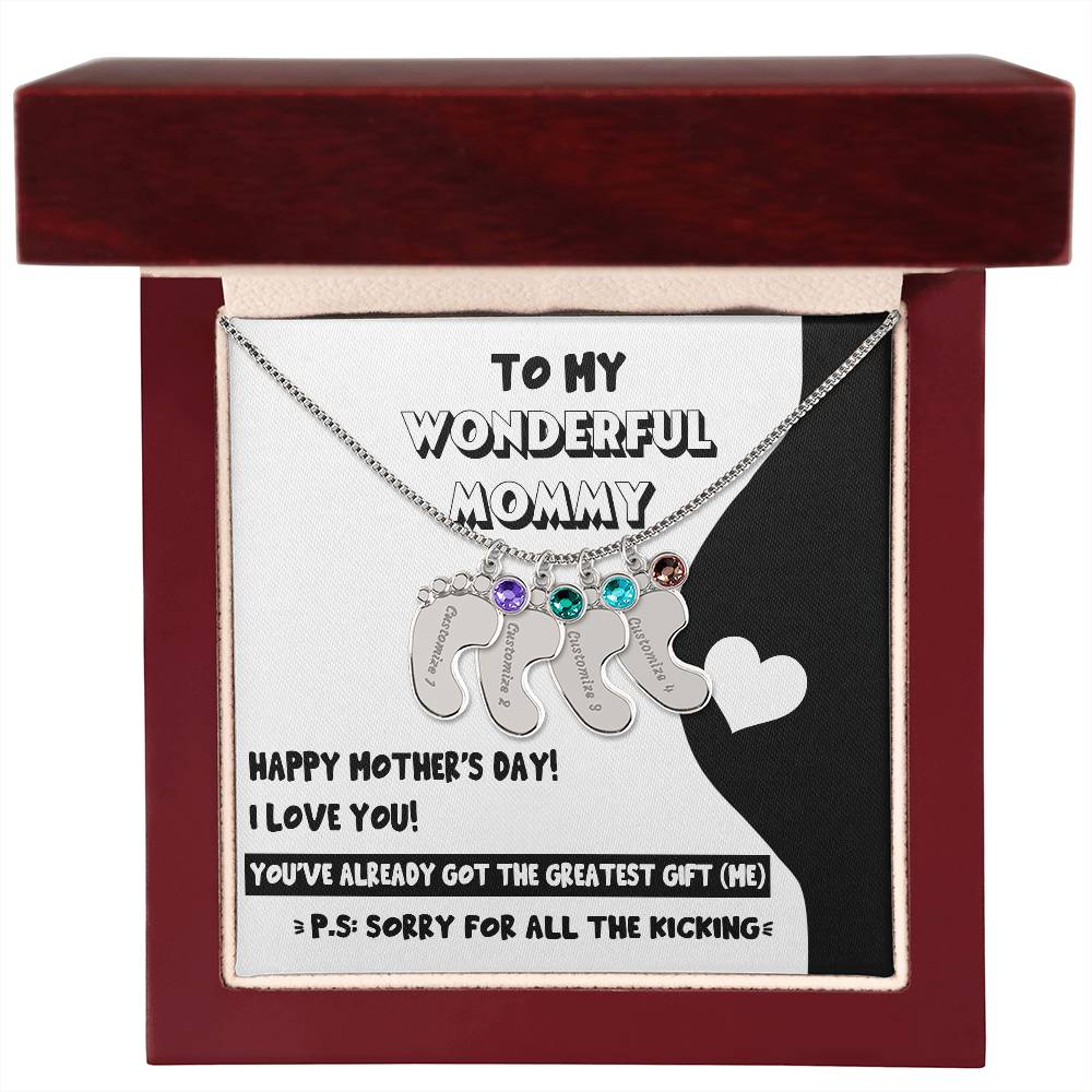 Gift for New Mom - Sorry for All the Kicking Baby Feet Engraved Name Charm Necklace with Birthstone - Mallard Moon Gift Shop