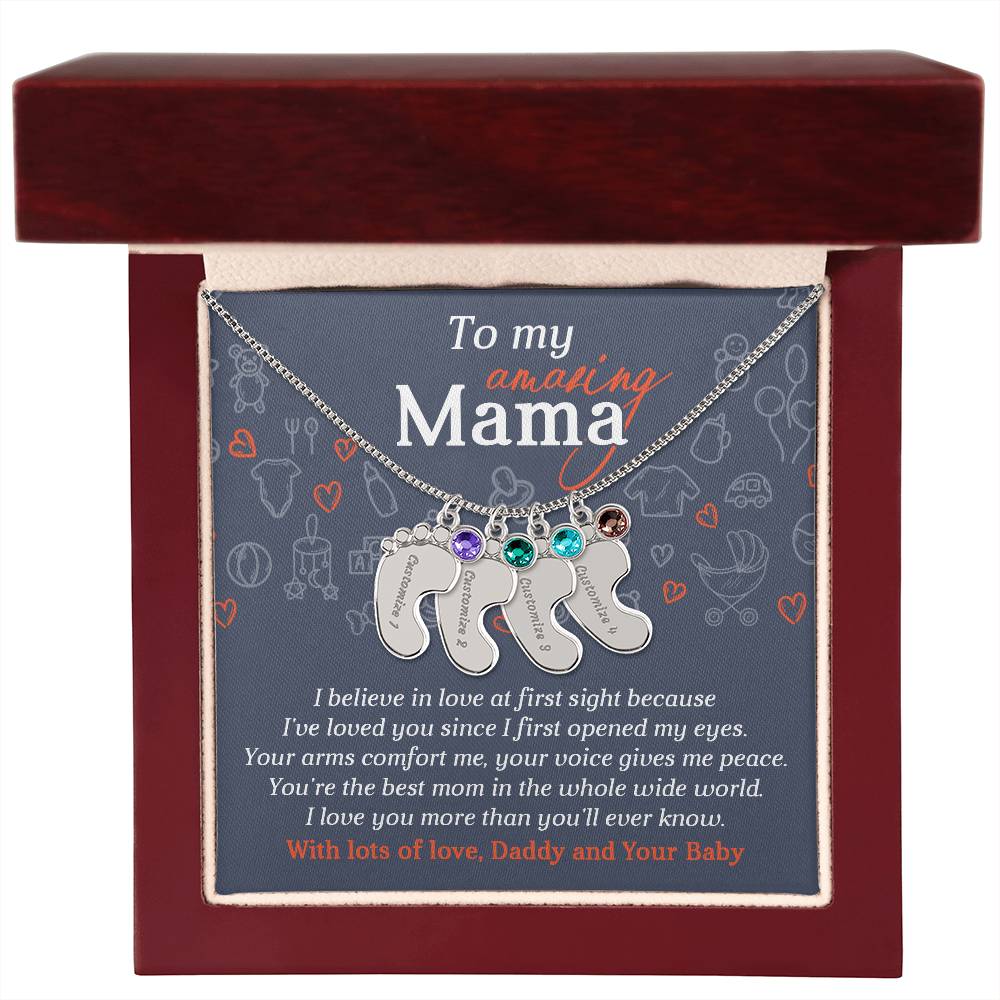 To My Amazing Mama I Believe in Love at First Sight Engraved Name Baby Feet Pendant Necklace with Birthstone - Mallard Moon Gift Shop