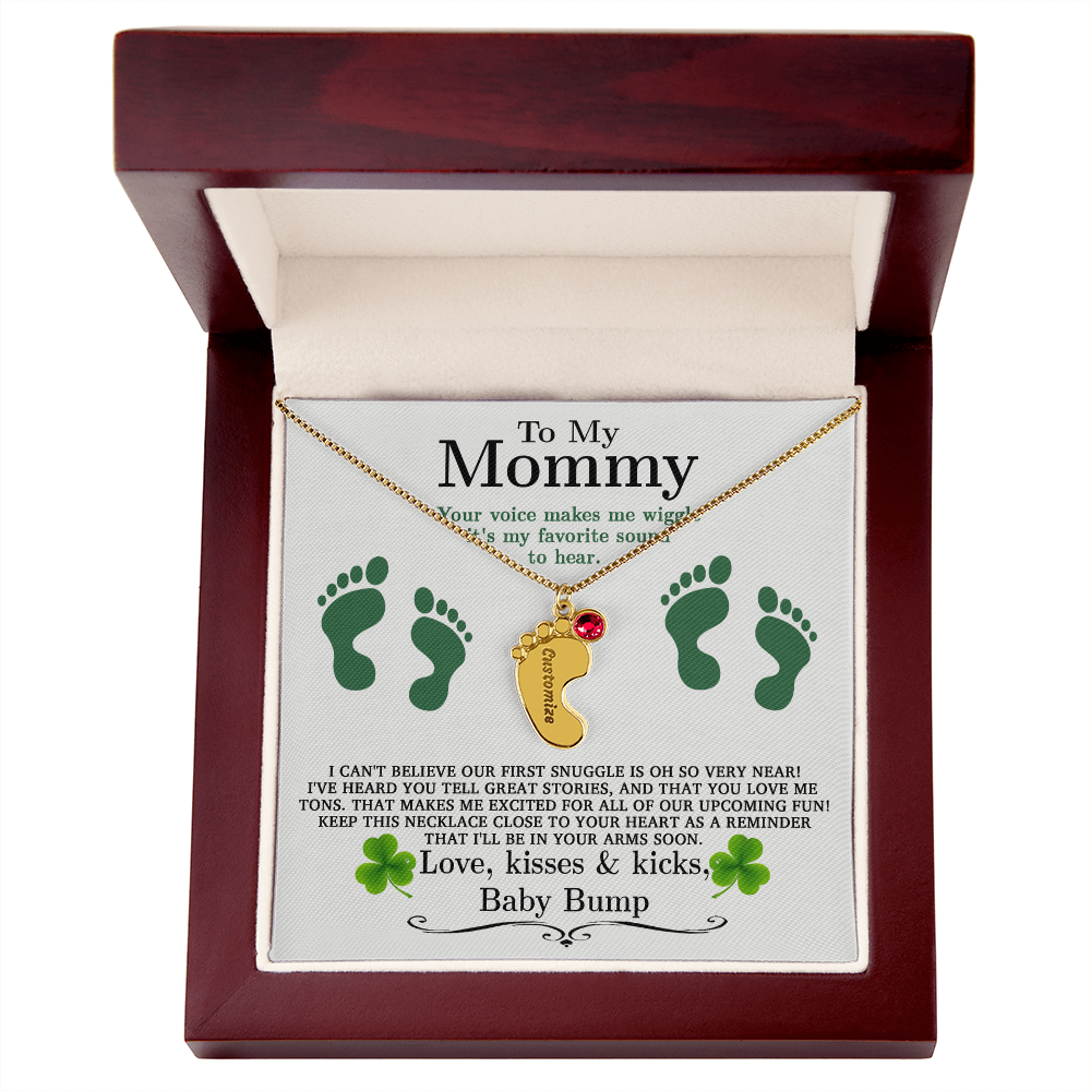 To My Mommy from Baby Bump - Personalized Baby Feet Necklace – Custom Name & Birthstone Pendant St. Patrick's Day Gift - Mallard Moon Gift Shop