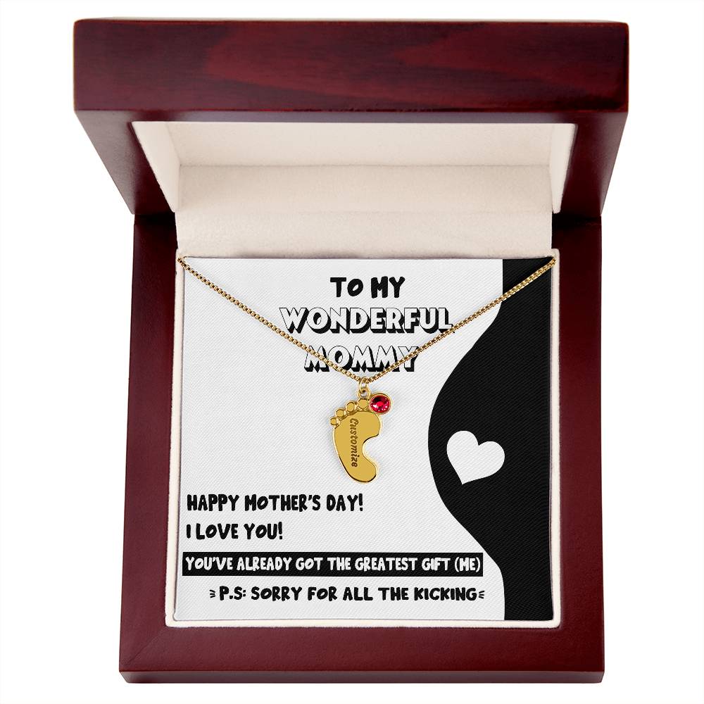 Gift for New Mom - Sorry for All the Kicking Baby Feet Engraved Name Charm Necklace with Birthstone - Mallard Moon Gift Shop