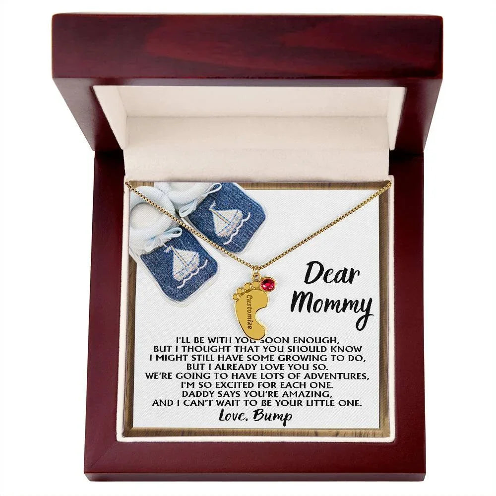 Dear Mommy I Already Love You Pregnancy Engraved Name Baby Feet Charm Necklace with Birthstone Gift for New Mom