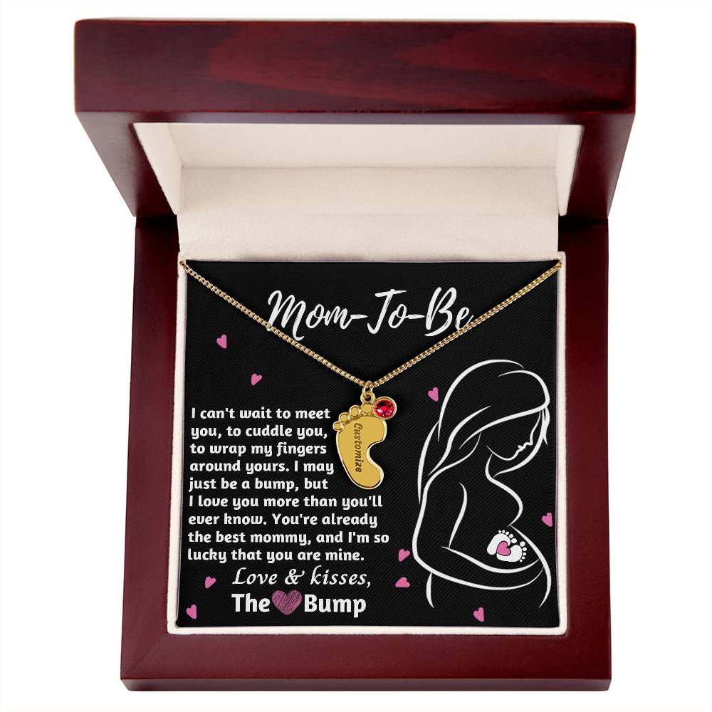 Mom-To-Be Love and Kisses From the Bump Engraved Name Baby Feet Pendant Necklace with Birthstone - Mallard Moon Gift Shop