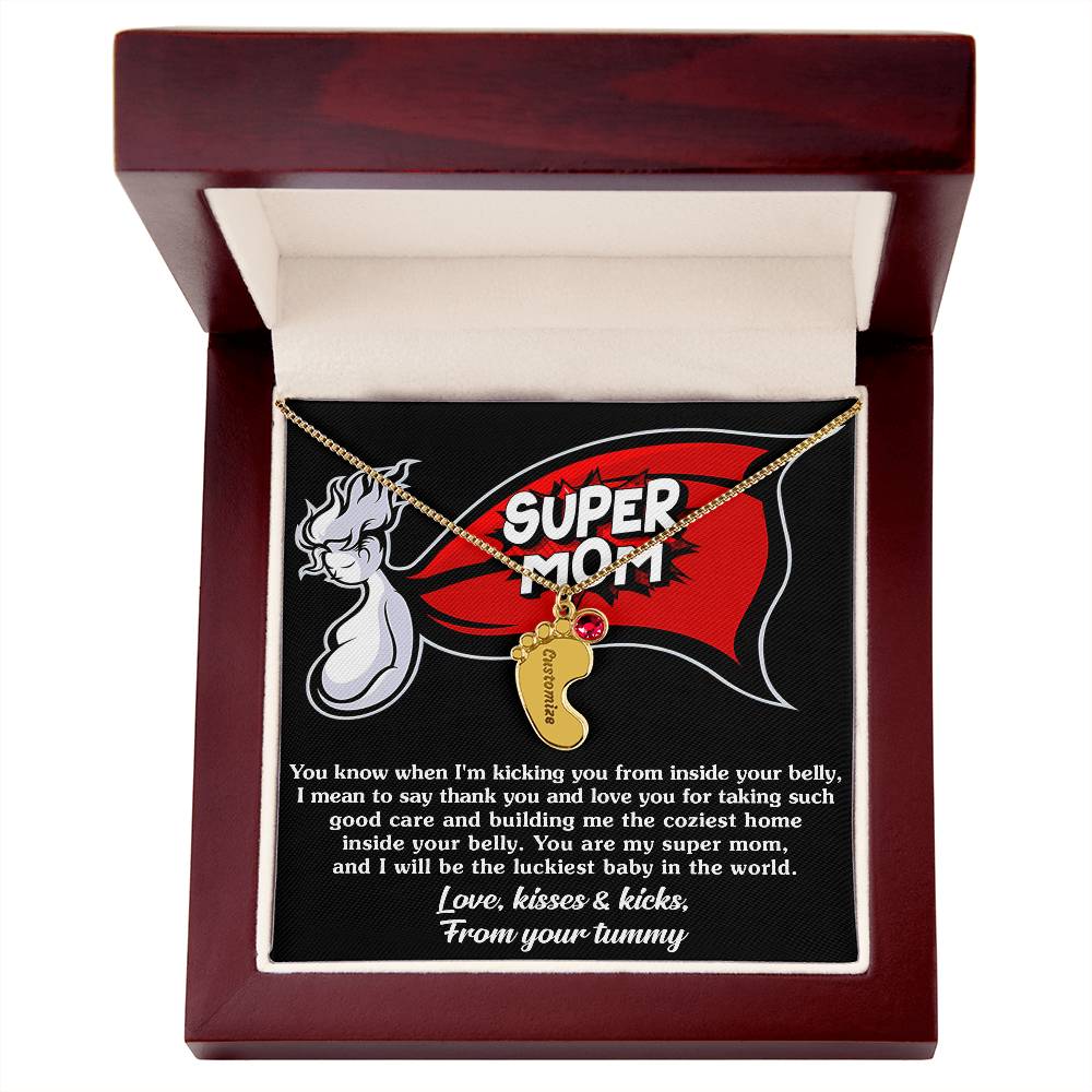 Supermom Love, Kisses and Kicks From Your Tummy Engraved Name Baby Feet Pendant Necklace with Birthstone - Mallard Moon Gift Shop