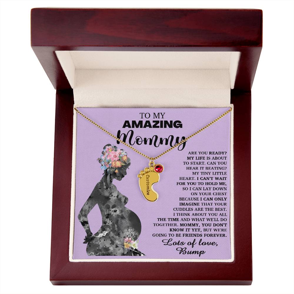 To My Amazing Mommy Lots of Love from the Bump Pregnancy Gift Engraved Name Baby Feet Charm Necklace with Birthstone - Mallard Moon Gift Shop
