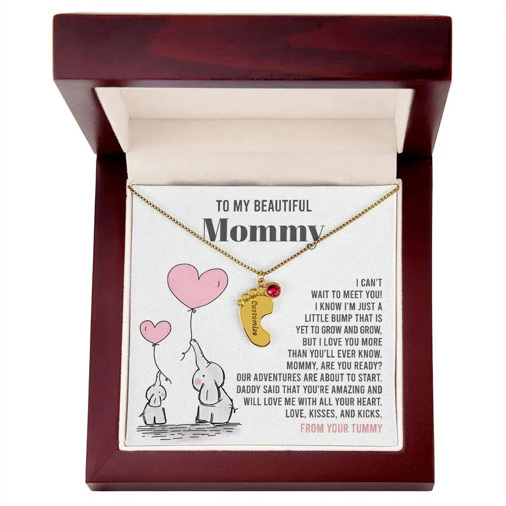 Pregnancy Gift for New Mom From the Bump Engraved Name Baby Feet Pendant Necklace with Birthstone