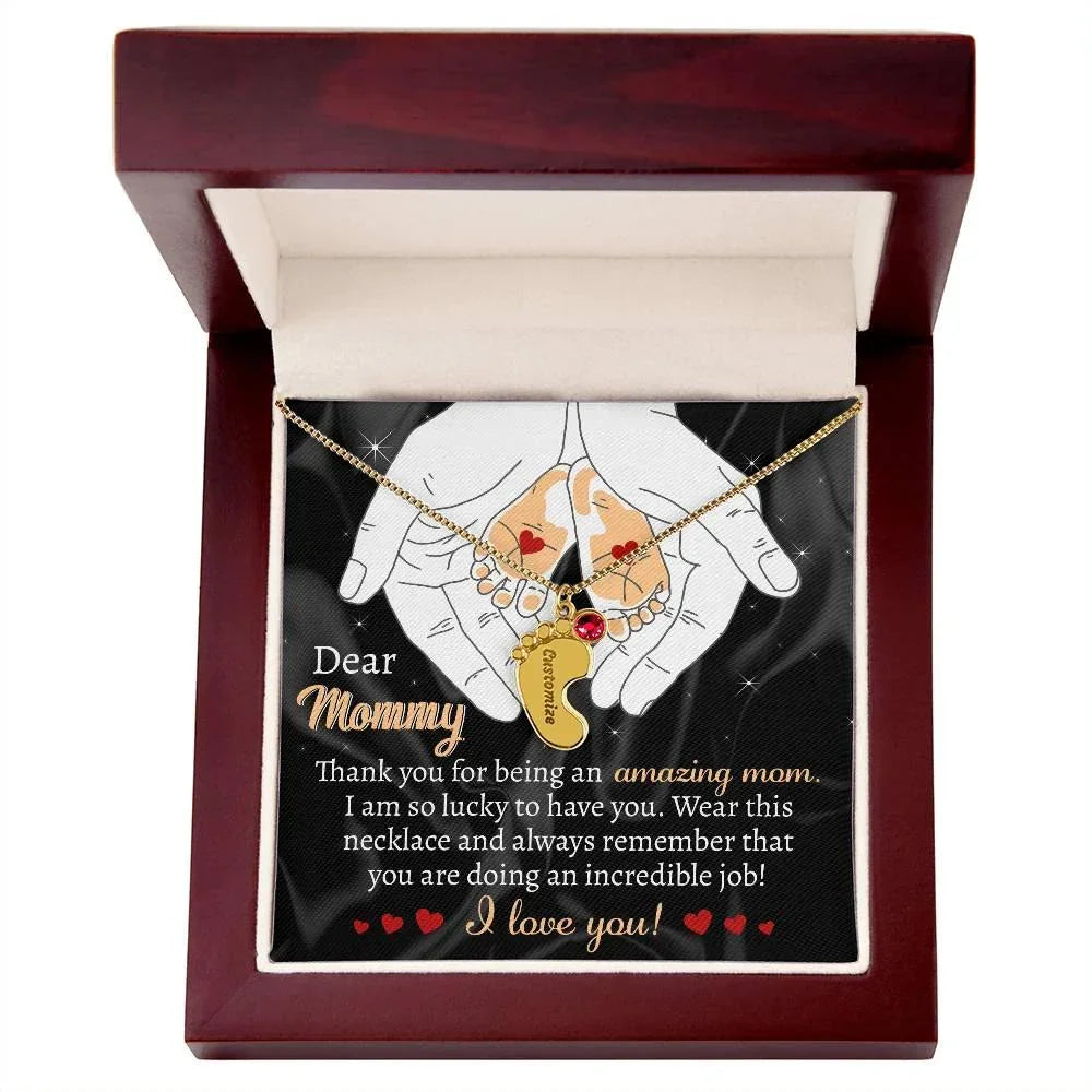 Pregnant Mother Gift You are doing an Incredible Job Engraved Name Baby Feet Necklace with Birthstone