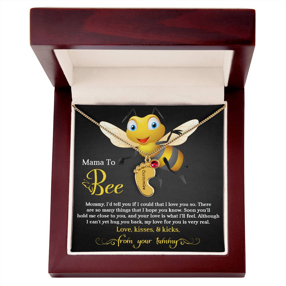 Mama To Bee Love, Kisses and Kicks from your Tummy Engraved Name Baby Feet Charm Necklace with Birthstone - Mallard Moon Gift Shop