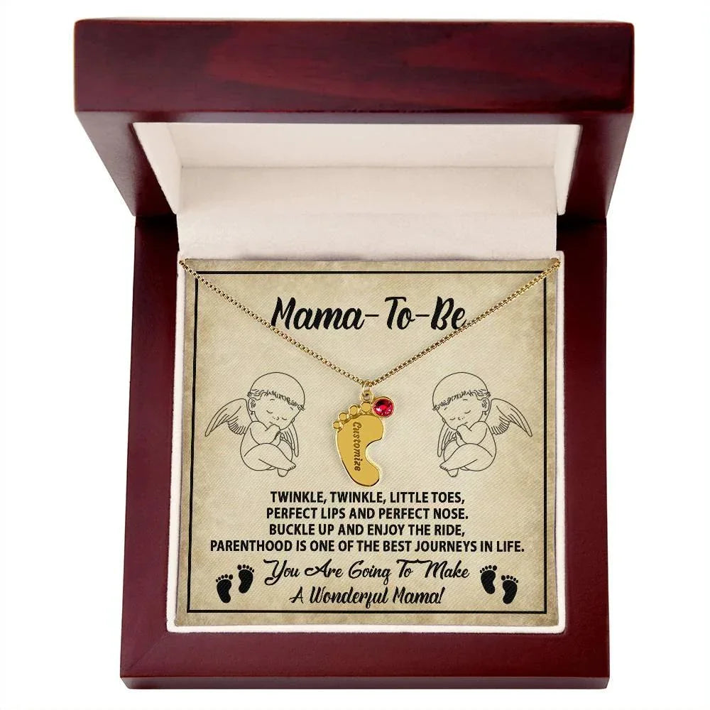 Gift for Mama-to-be Adorable Engraved Name Baby Feet Necklace with Birthstone