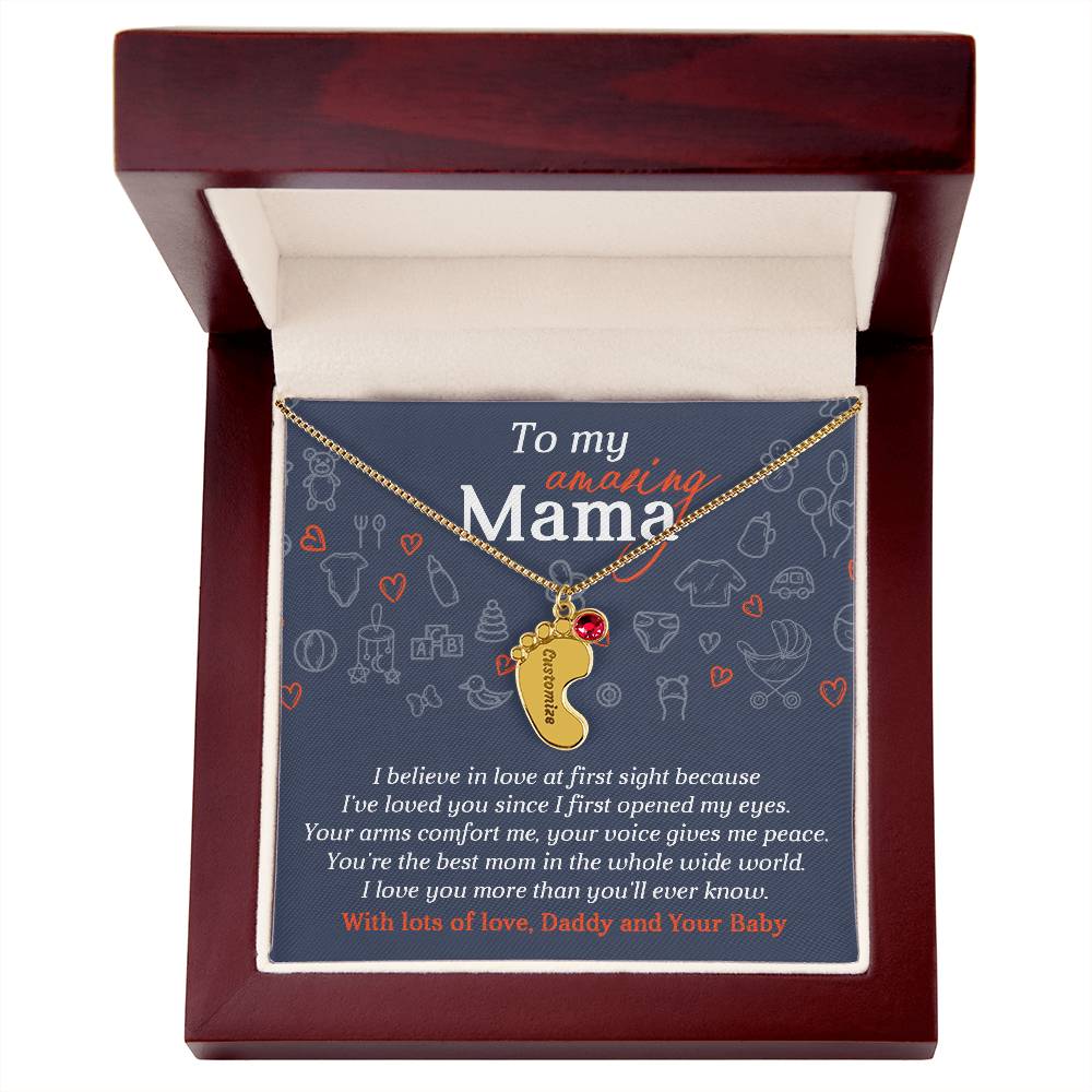 To My Amazing Mama I Believe in Love at First Sight Engraved Name Baby Feet Pendant Necklace with Birthstone - Mallard Moon Gift Shop