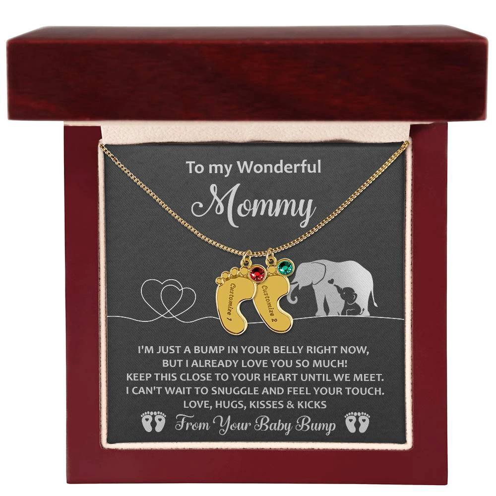 To My Wonderful Mommy I May be Just a Bump But I Love You So Much Engraved Name Baby Feet Necklace with Birthstone