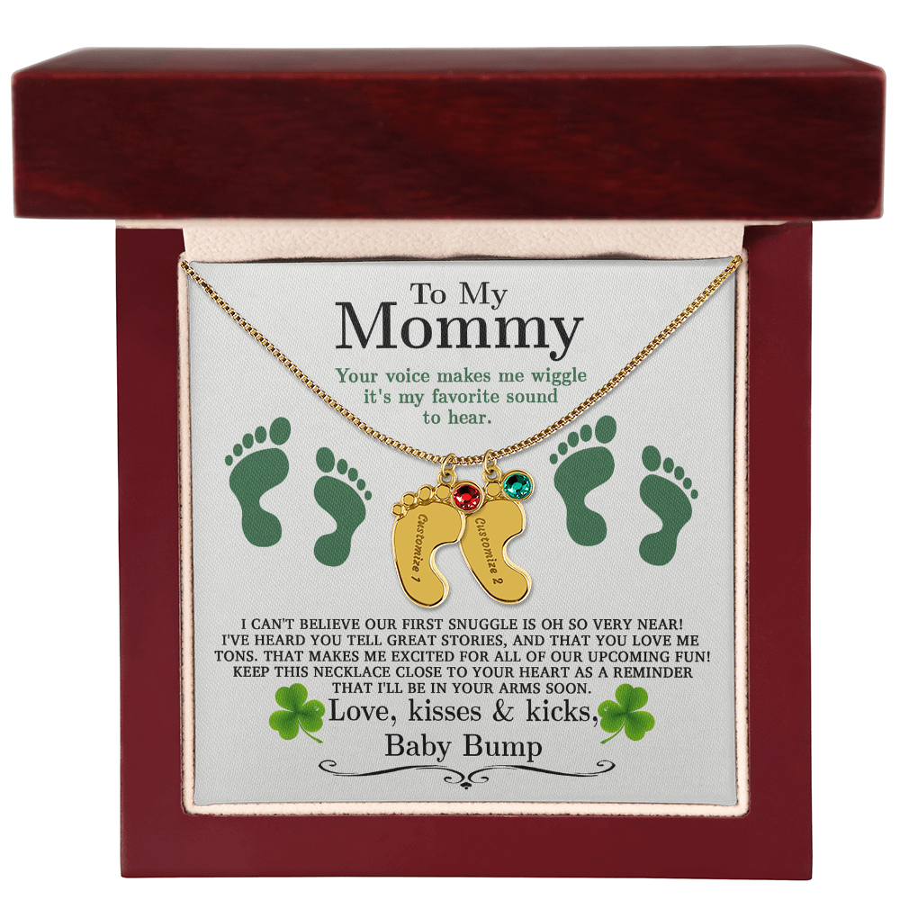 To My Mommy from Baby Bump - Personalized Baby Feet Necklace – Custom Name & Birthstone Pendant St. Patrick's Day Gift - Mallard Moon Gift Shop