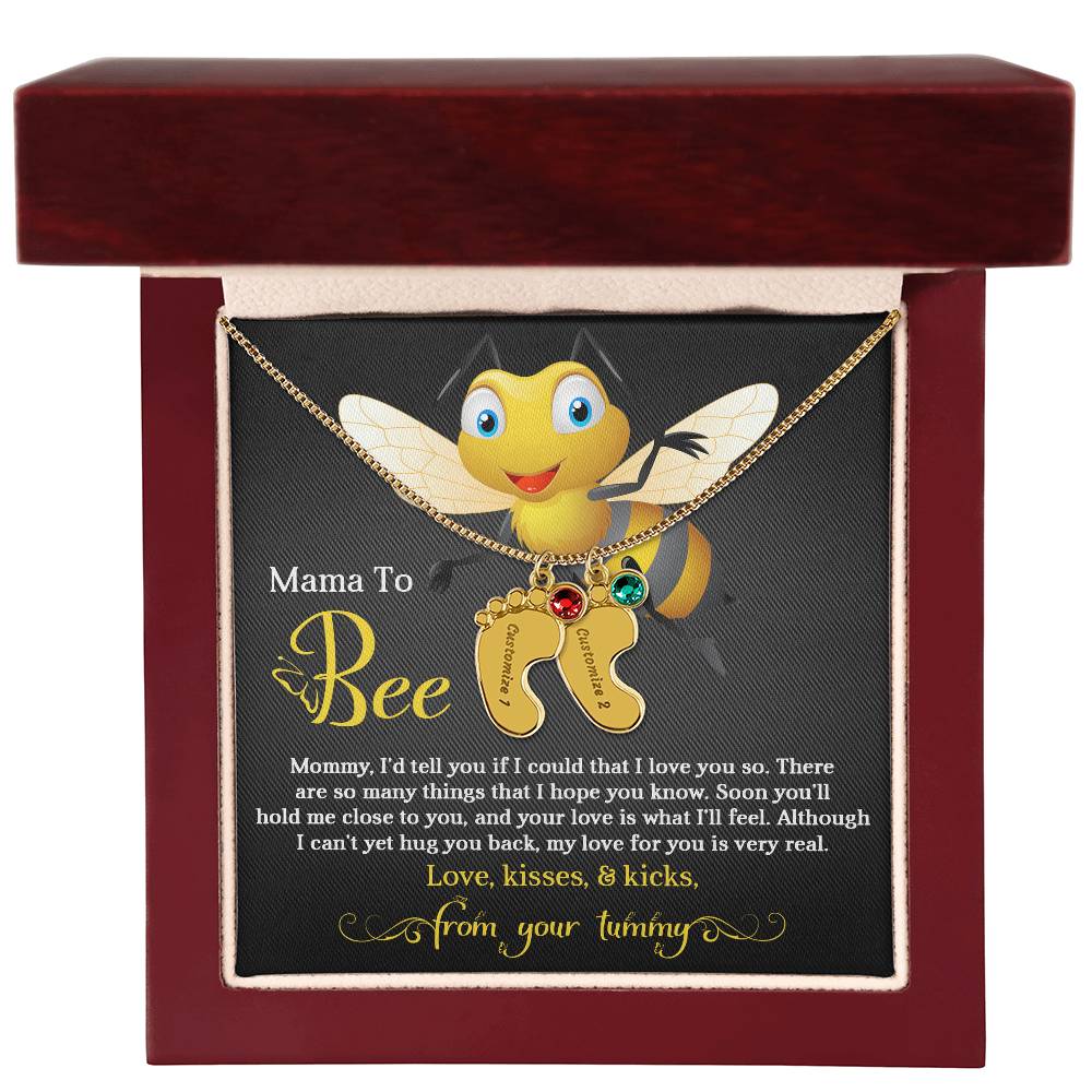Mama To Bee Love, Kisses and Kicks from your Tummy Engraved Name Baby Feet Charm Necklace with Birthstone - Mallard Moon Gift Shop