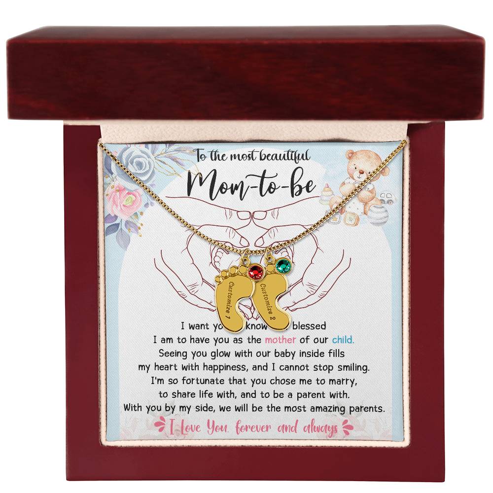 Mom-to-be Gift from Husband Engraved Name Baby Feet Charm Necklace with Birthstone - Mallard Moon Gift Shop