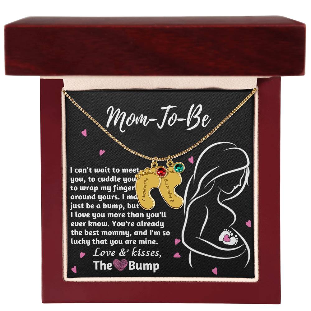 Mom-To-Be Love and Kisses From the Bump Engraved Name Baby Feet Pendant Necklace with Birthstone - Mallard Moon Gift Shop